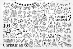 christmas doodles on white paper with black and white lettering, including the words happy new year