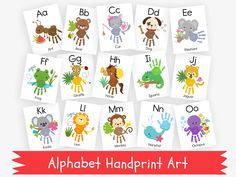 alphabet handprint art with animals and letters