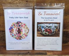 two packages for the pretty little fabric bowl are shown on a wooden table with wood planks