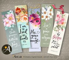 four bookmarks with flowers and bible verses on them, one has the words i am