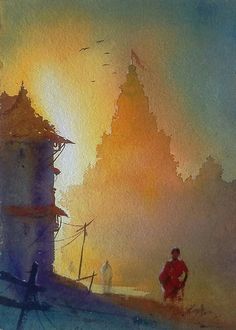 watercolor painting of two people walking in front of an orange and yellow sky with birds flying overhead