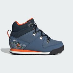 a blue and orange sneaker with mickey mouse on the upper part of the shoe