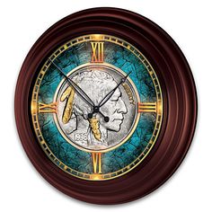 a wall clock with the image of a man's head in stained glass on it