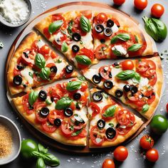 a sliced pizza with olives, tomatoes and basil on a cutting board next to other ingredients