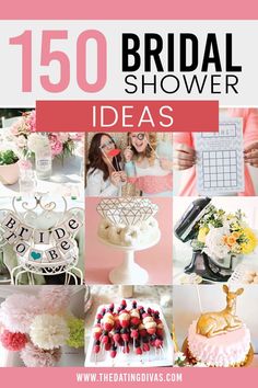 the words bridal shower ideas are displayed in pink and white colors with pictures of brides