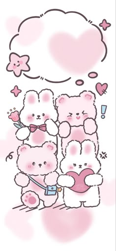 a group of teddy bears sitting next to each other on top of a pink background