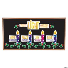 a christmas card with candles and holly leaves on it that says light, hope, joy