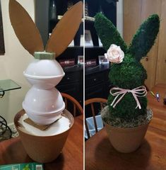 two photos side by side, one with an easter bunny head and the other with moss