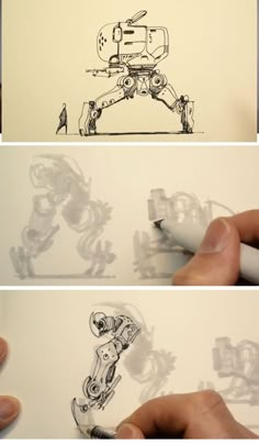 three different views of a robot drawn on white paper with marker and pen in hand