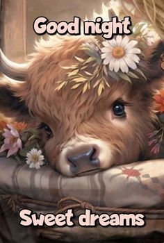 a painting of a cow with flowers on its head and the words good night sweet dreams