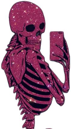 a pink skeleton holding a cell phone in its hand