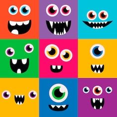 cartoon monster faces with big eyes and teeth on different colored squares, all in the same pattern