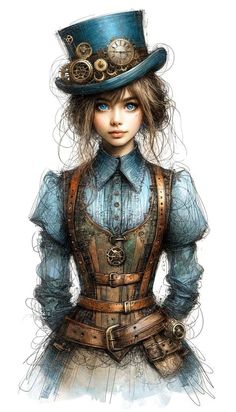 a drawing of a woman wearing a blue top hat and steampunky dress