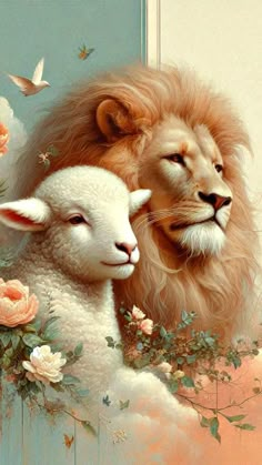 two white sheep and a lion with roses