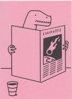 a drawing of a dinosaur sticking its head out of a microwave with a cup next to it