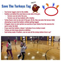 an advertisement for the turkey tag program on a basketball court with kids running around it