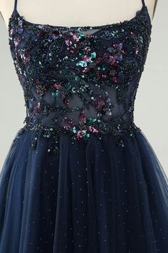 Glitter Navy A-Line Sequined Tulle Homecoming Dress Orange Homecoming Dresses, Purple Homecoming Dress, Burgundy Homecoming Dresses, Beach Bridal Gown, Lovely Partner, Green Homecoming Dresses, Black Homecoming Dress, Girls Dress Shop, Custom Bridesmaid Dress