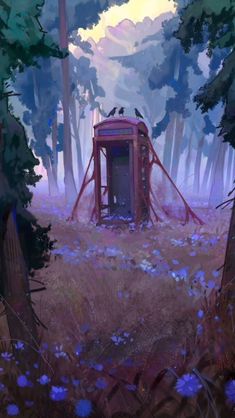 a painting of a red phone booth in the middle of a forest with birds perched on it