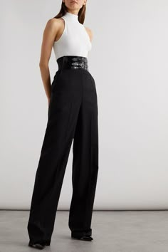 Alaïa's 'Archetypes' collection celebrates the label's most iconic styles. From the lineup, these pants are tailored from wool-blend gabardine with breezy, wide legs and elongating pressed creases. The high waist is fitted with a patent-leather belt – the maison's signature accessory. High Waist Belt Outfit, Professional Office Attire Women, Corset Pants High Waist, High Waist Belt, Wide Waist Belt Outfit, Black Elegant Pants Outfit, Dress Pants Aesthetic, High Waisted Work Pants, Elegant Streetwear Women