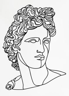 a black and white drawing of a man's head with curly hair on it