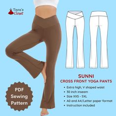 a woman in brown pants and white top with the text, sunni cross front yoga pants