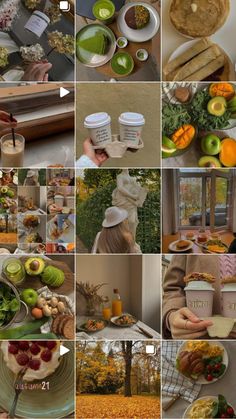 a collage of different pictures with food and drinks on them, including breads, fruits