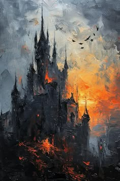 an oil painting of a castle at sunset