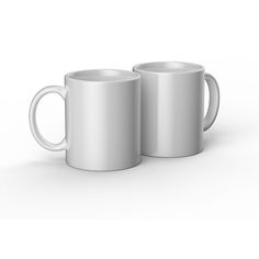 two white coffee mugs sitting next to each other on a white surface with no one around them