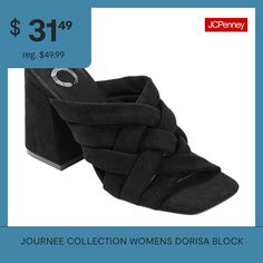 Slip into a style that sizzles with the Dorisa by Journee Collection. This slide-on style features the softest vegan leather uppers and a padded footbed. Crisscrossed straps, a covered block heel, and a retro square toe finish this contemporary look.Closure Type: Slip-OnShoe Heel Height: 4 InchesUpper/Outer Base Material: 100% PolyuretheneShoe Lining Material: PolyurethaneSole Material Content: 100% PolyurethaneToe Type: Open ToeCare: Spot CleanHeel Style: Block HeelCountry of Origin: Imported Block Heel Pumps, Elegant Sandals, Black Pumps Heels, Block Heel Sandals, Chunky Block Heels, Black Sandals Heels, Shoes Pumps, Journee Collection, Heel Pumps