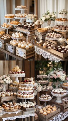 A rustic wedding dessert table beautifully decorated with vintage elements, including wooden crates, lace doilies, and an assortment of delicious treats like cupcakes, pies, and cookies. Tuscan Wedding Dessert Table, Wedding Ideas Dessert Tables, Dessert Charcuterie Board Ideas Wedding, Mini Pie Dessert Table Wedding, Cupcakes Table Decoration, Winter Wedding Dessert Table Ideas, Rustic Wedding Cookie Table, Fall Wedding Treat Table, Glam Dessert Table Ideas