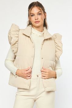 Be warm and toasty while looking oh-so chic in this adorable "Oh My Flutter Sleeve Puffer Vest" - it's an 'oh' moment in every way! With quilted ruffles, pockets, and a collared button up, this cute and stylish vest will keep you cozy and give your look a punch of sass! Fits true to size. Sweet Grace, Solid Quilt, Favorite Sweater, Ruffled Sleeves, Dress Romper, Puffer Vest, Flutter Sleeve, Oh My, Zip Up