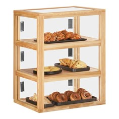 three tiered display case with donuts and pastries