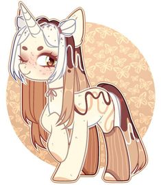 a drawing of a pony with brown and white hair, sitting in front of a floral background