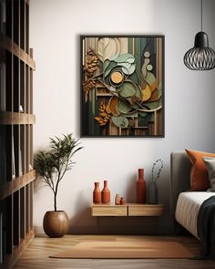 a painting on the wall above a bed next to a table with vases and plants