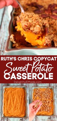 a casserole dish filled with sweet potato casserole