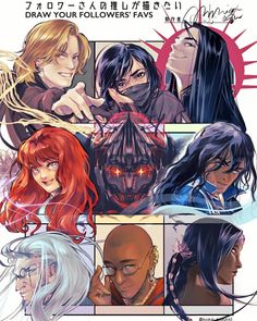 an anime poster with many different faces and hair styles, including the woman's face