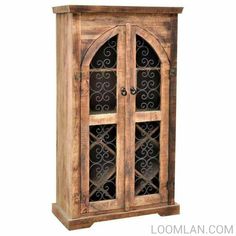 LOOMLAN-Home Bar Cabinets-67 Rustic Wood Iron Filigree Door Wine Cabinet Bar-LOOMLAN Home-GE-5156 Bookcase Bar, Home Bar Cabinet, Stemware Storage, Cabinet Bar, Wine Bar Cabinet, Iron Accents, Wine Bottle Rack, Wrought Iron Doors, Arched Doors