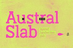 the words australia slab are in pink and black on a yellow background with an arrow