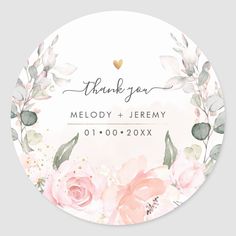 a round thank card with watercolor flowers and leaves