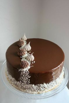 a chocolate cake with sea shells on top