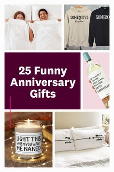 the 25 funny anniversary gifts for him and her are on display in this collage