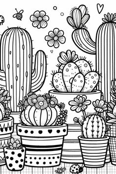 cactuses and cacti in pots with flowers on the ground coloring page for kids