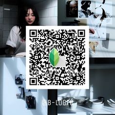 a woman standing in front of a white wall with qr code on the screen