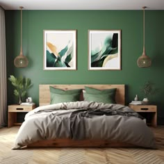 a bedroom with green walls and two paintings on the wall above the bed, along with wooden flooring