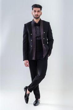 Black Pleated Collar Tuxedo Trouser Set Pleated Collar, Black Suits, Collar Shirt, Collar Shirts