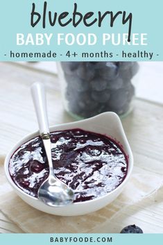 blueberry baby food puree in a bowl with spoon