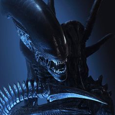 an alien is standing in the dark with its head turned to look like it has teeth