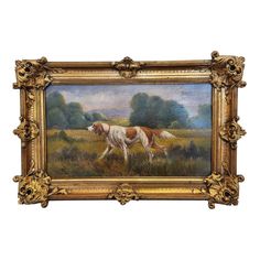 an oil painting of a dog in a field