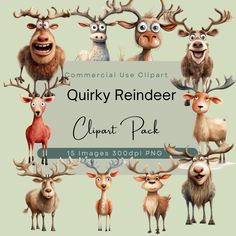 a group of reindeers with different facial expressions on their faces and the words quirky reindeer clipart pack