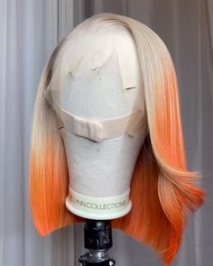 Lace Front Wig Virgin Human Hair Orange 150%Density 14" Blonde And Orange Hair Highlights, Custom Color Bob Wigs, Orange Wig With Blonde Highlights, Unique Wig Hairstyles, Lace Front Wigs Orange, Orange And Pink Wigs, Orange Bob Wig, Blonde And Blue Hair, Orange Human Hair Wig